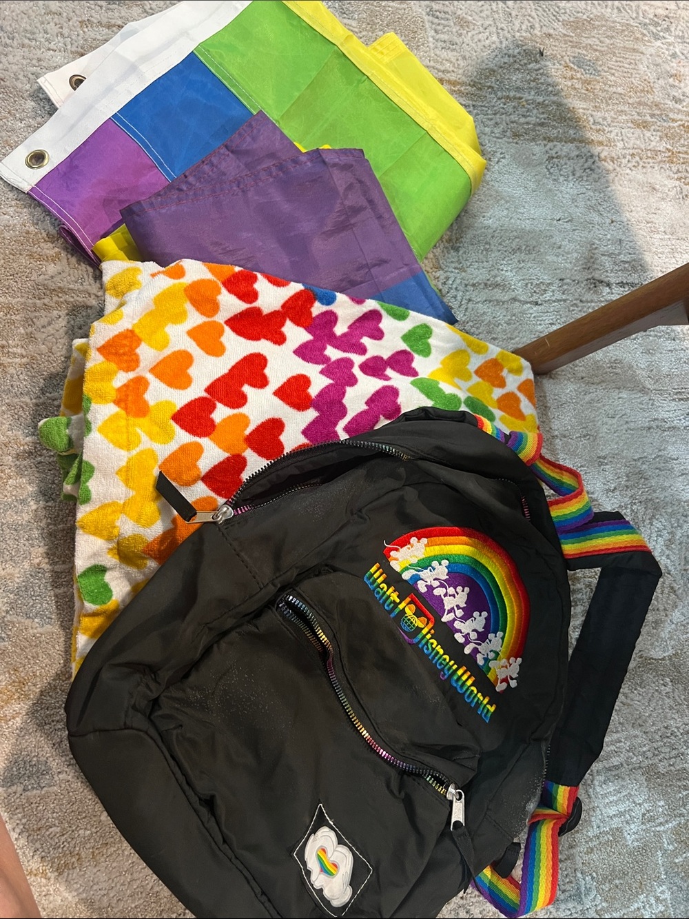 4pc Rainbow pride lot towel 2 flags walt Disney world backpack z19